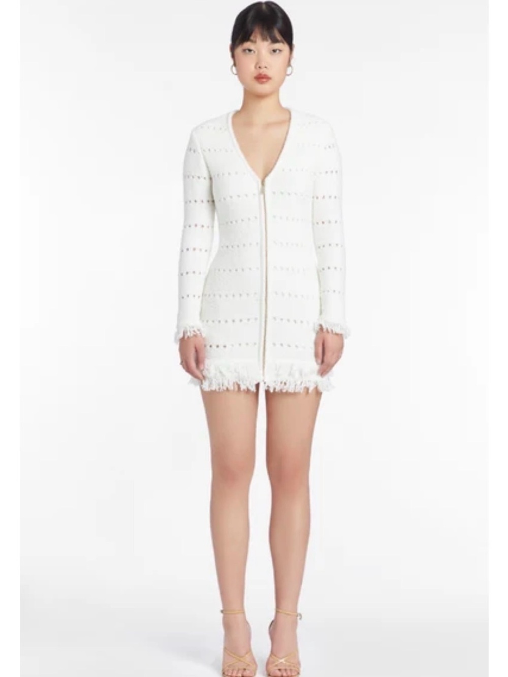 Amanda Uprichard Murphy Knit Dress Ivory Fringe Zip Front Size S NWT